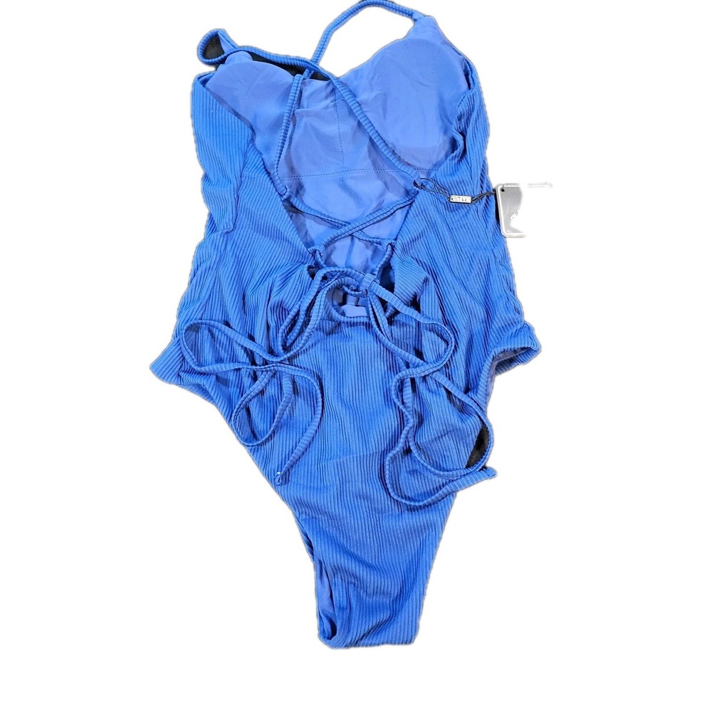 Zaful Women Blue Ribbed Lace-Up Back One Piece Swimsuit L 1-00679